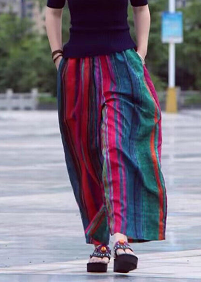 Colorblock Pockets Striped Cotton Wide Leg Pants Summer