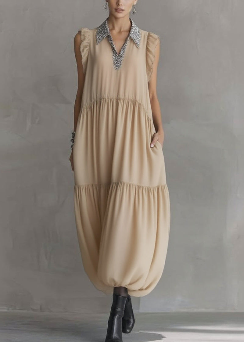 Natural Apricot Peter Pan Collar Ruffled Wrinkled Chiffon Maxi Dresses Summer