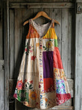 Women's Vintage Floral Collage Art Print V-neck Pocket Cotton Dress