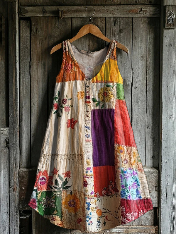 Women's Vintage Floral Collage Art Print V-neck Pocket Cotton Dress