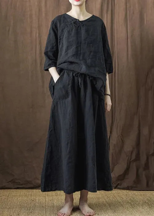 New Black Button Tops and Skirts Linen Two Piece Set Bracelet Sleeve