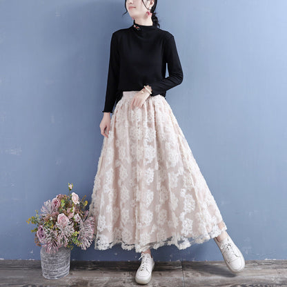 Double-layer Flower Lace Mesh Cotton Linen Autumn Skirt
