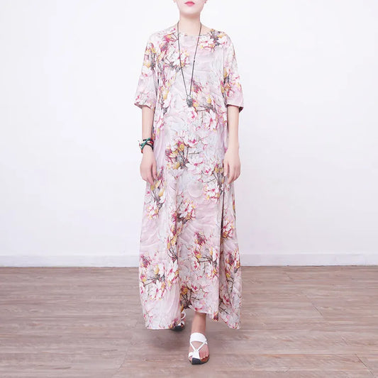 Stylish Prints Linen Maxi Dress Oversized O Neck Traveling Clothing New Half Sleeve Maxi Dresses