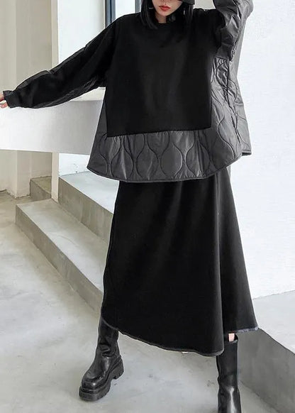 Retro Winter Black Patchwork Sweater Skirt Two Piece Set
