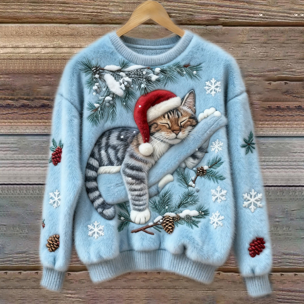 Comstylish Christmas Lazy Cat Art Women's Cozy Plush Sweater