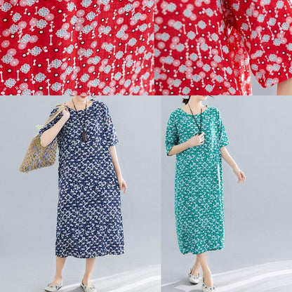 O Neck Pockets Linen Cotton Clothes Tutorials Red Print Dresses Summer