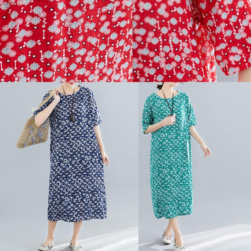 O Neck Pockets Linen Cotton Clothes Tutorials Red Print Dresses Summer