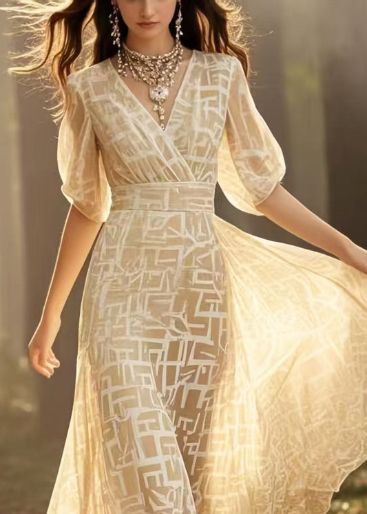 Yellow Print Exra Large Hem Chiffon Maxi Dresses Summer
