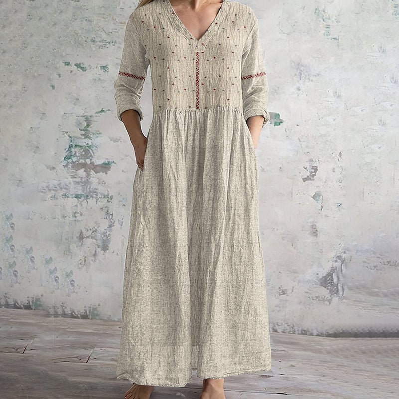 Vintage Floral Embroidered Art Women's Linen Dress elevenforest