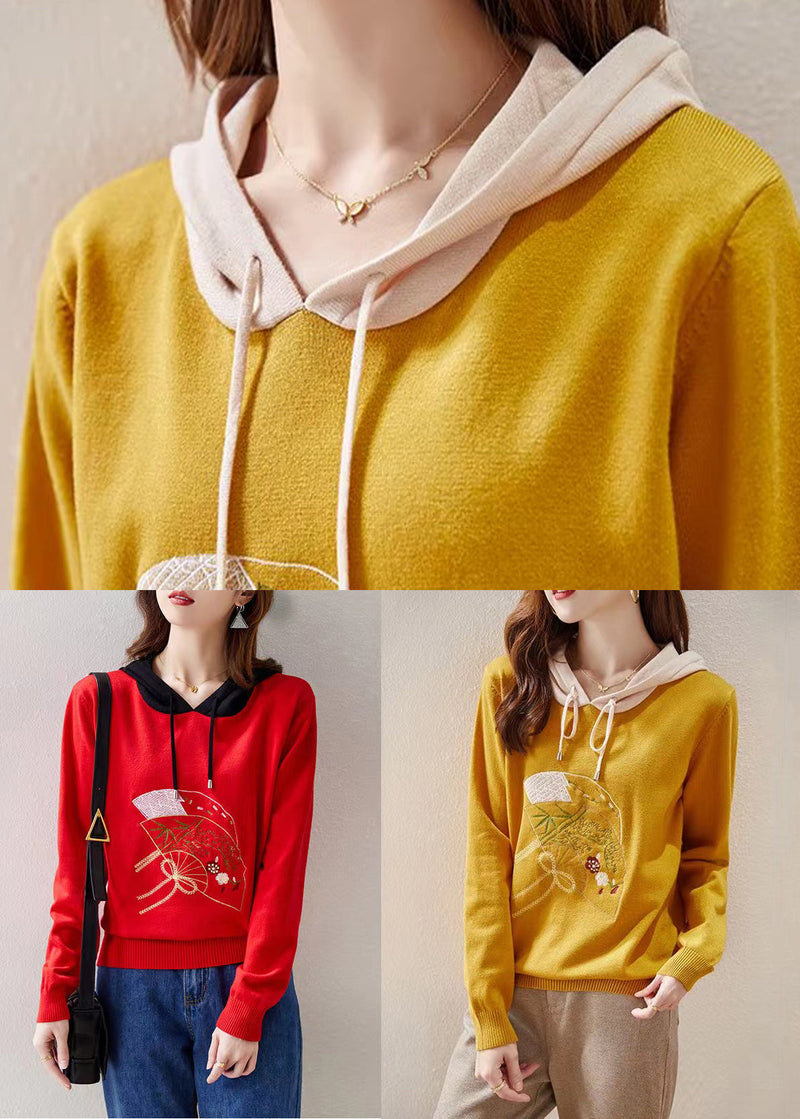 Red Hooded Embroidered Patchwork Knit Top Fall
