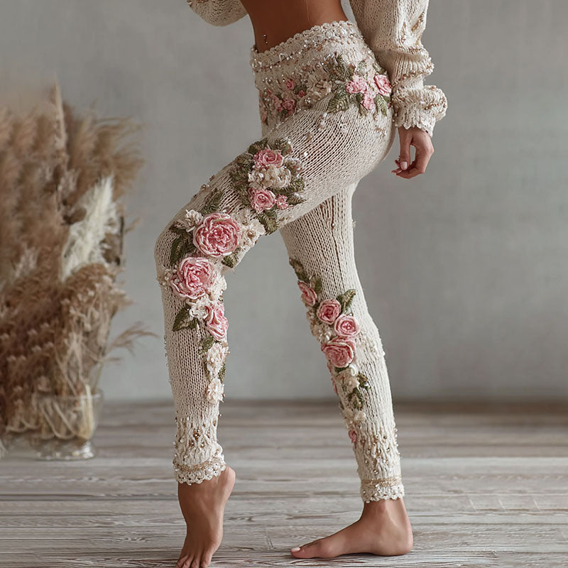 Women's Vintage Pink Floral Art Cozy Knit Leggings elevenforest
