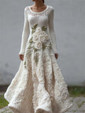 Classy White Roses Lace Patchwork Cozy Maxi Sweater Dress