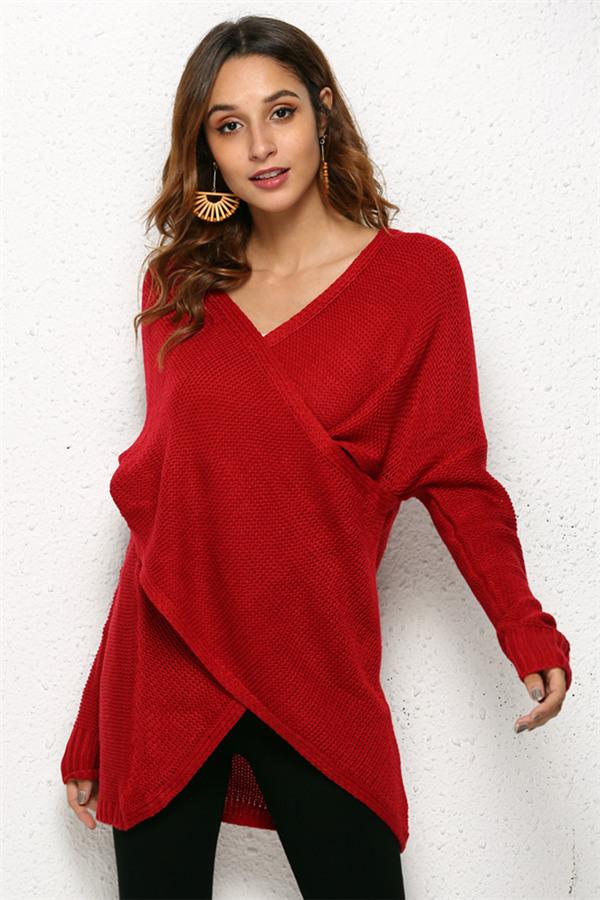 V Neck Front Cross Weekend Sweater - Red