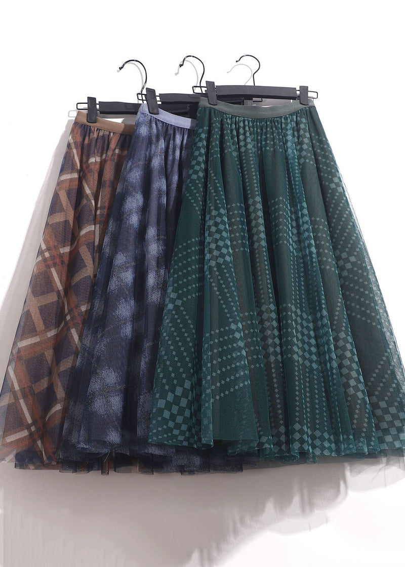 Coffee Plaid Tulle a Line Skirt High Waist Spring