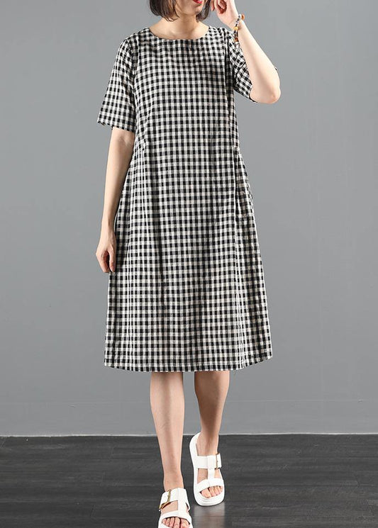O Neck Summer Clothes Sewing Black Plaid Dresses