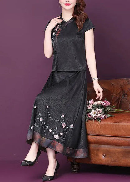 Italian Black Embroideried Patchwork Tops and Skirts Silk Two-piece Summer