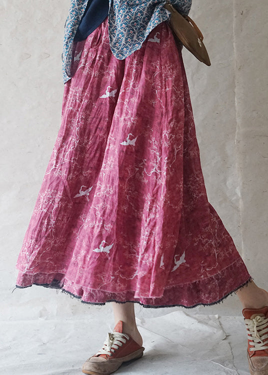 French Red Elastic Waist Drawstring Pocket Print Linen Skirts Spring