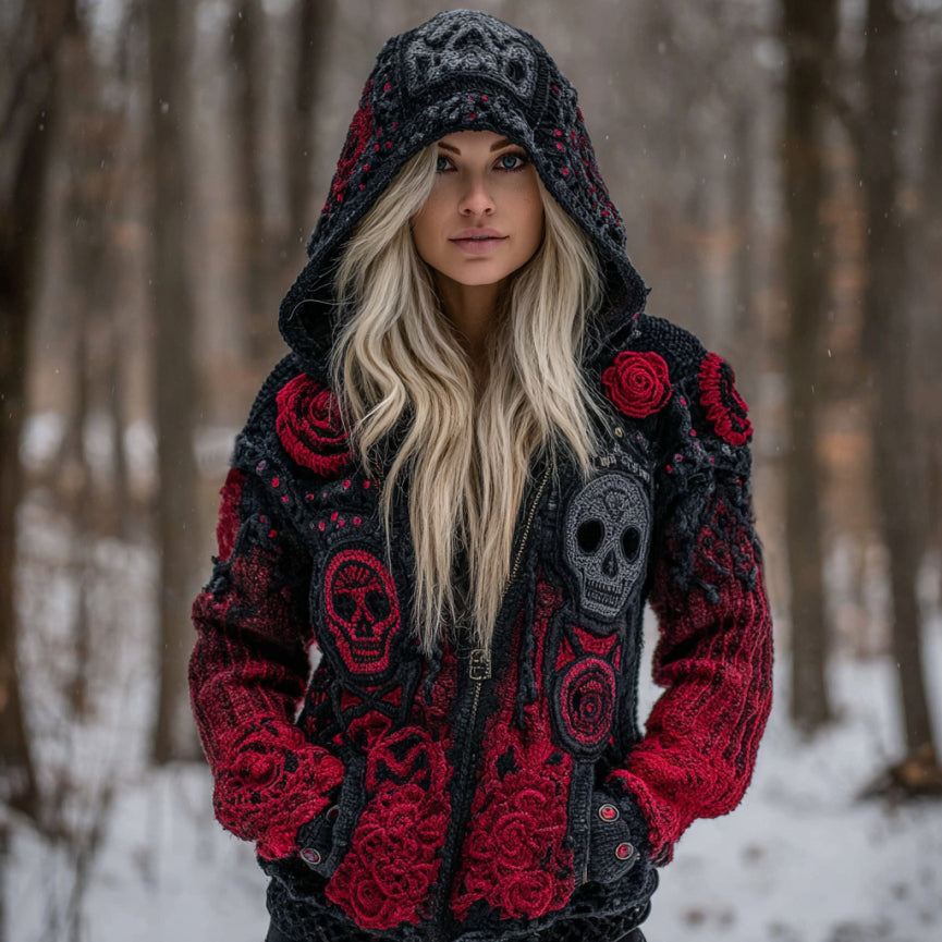 Women's Vintage Skull Art Knit Zip Up Hooded Sweater elevenforest