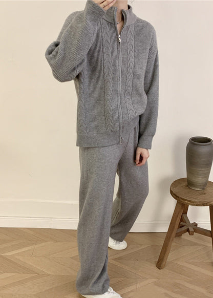 Grey Knitted Set Zippered Knitted Cotton Thread Sweater Cardigan and Wide Leg Pants Two Pieces Set Fall