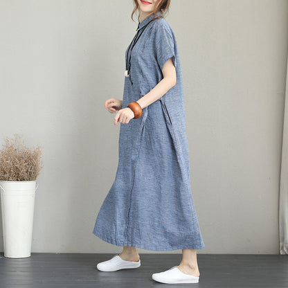 Blue Natural Linen Dress Side Tie Waist Linen Clothing Dress Lapel Collar Linen Caftans