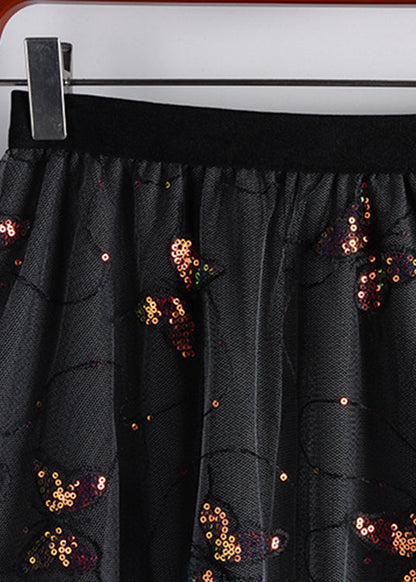 Black Embroideried Sequins Layered Tulle a Line Skirt Summer