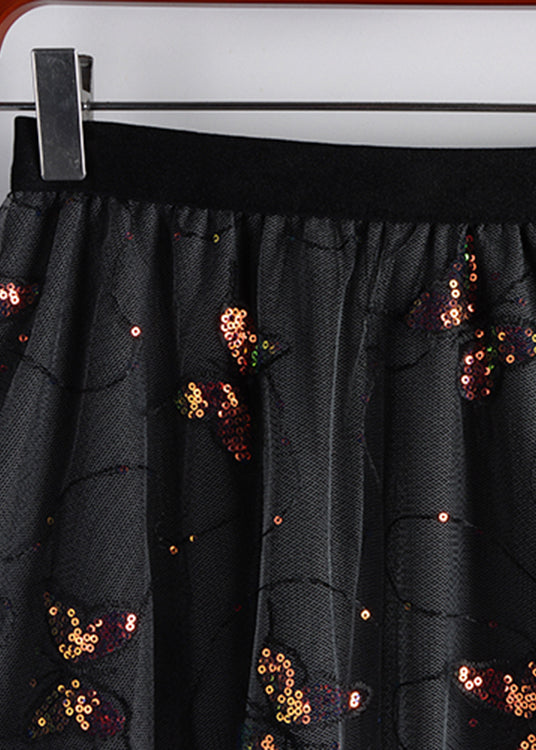Black Embroideried Sequins Layered Tulle a Line Skirt Summer