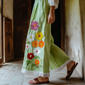 Retro Boho Floral Lace Embroidery Art Cotton Linen Wide Leg Pants elevenforest