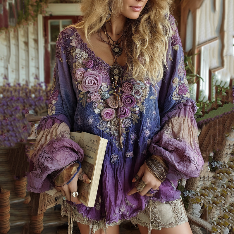 Classy Vintage Floral Splicing Cotton And Linen Long Sleeve Shirt
