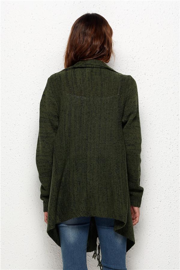Tassel Asymmetrical Hem Shawl Speckled Fringe Cardigan - Khaki