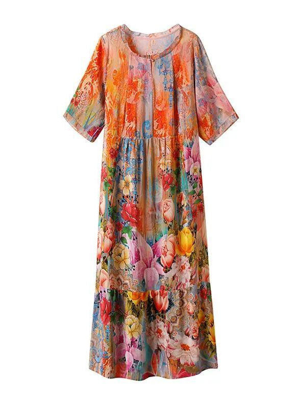 Orange Ruffled Print Silk Beach Dress Summer
