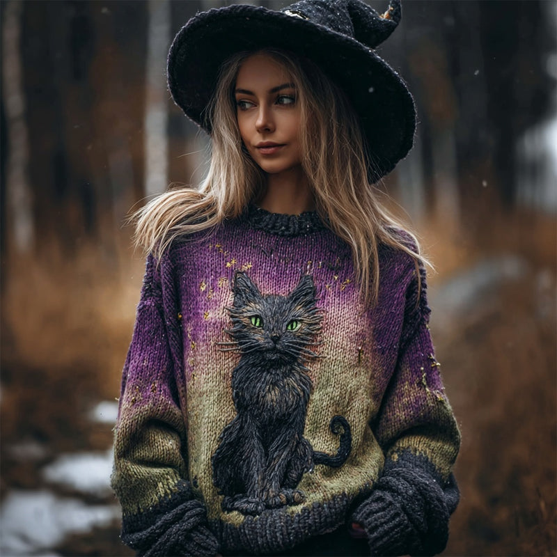 Halloween Black Cat Embroidered Vintage Cozy Knit Sweater elevenforest
