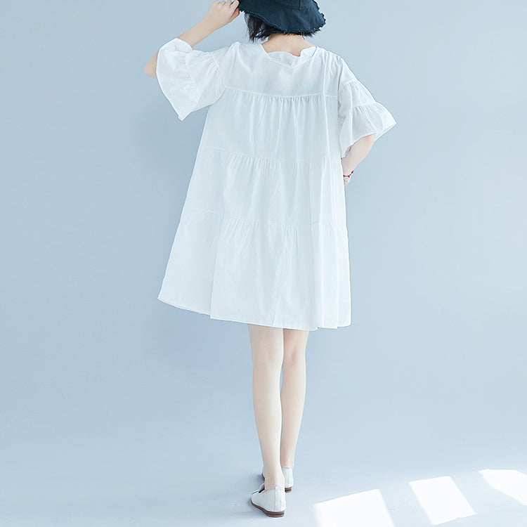 White Dress Trumpet Sleeves a Line Skirts O Neck Cotton Dress