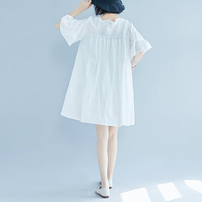 White Dress Trumpet Sleeves a Line Skirts O Neck Cotton Dress