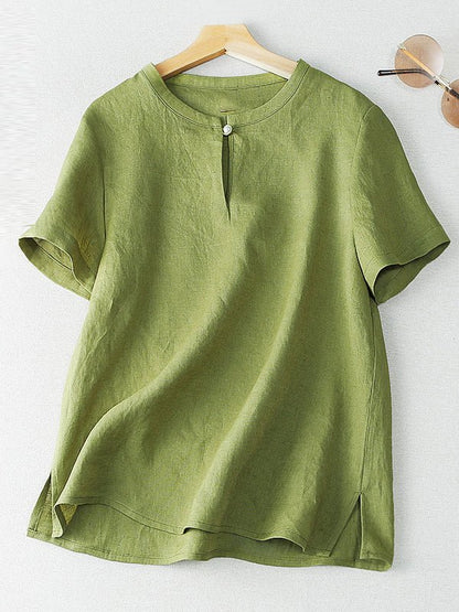 Pure Color Crew Neck Short Sleeve Buttoned Linen Tee Top
