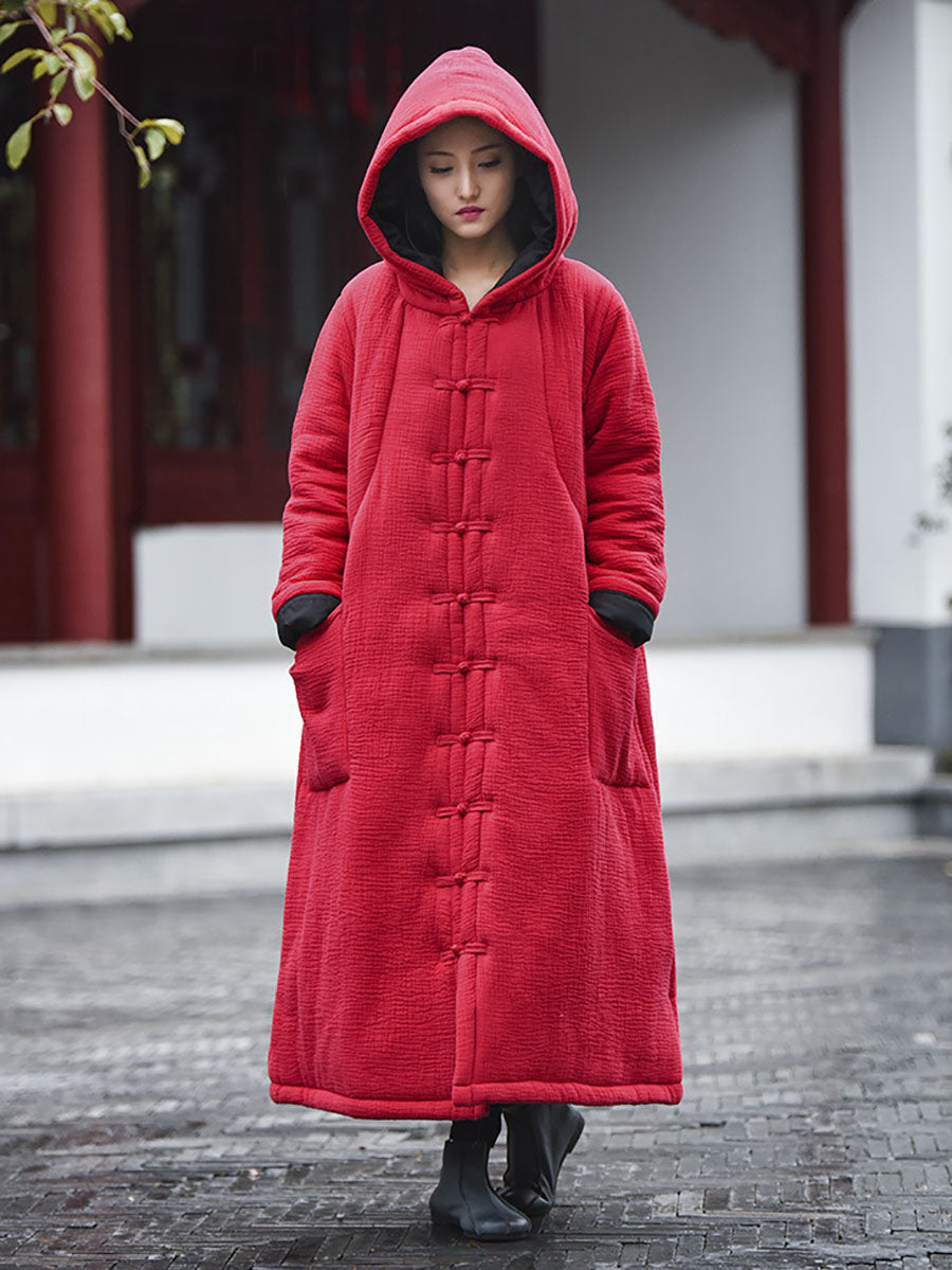 Winter Frog Pocket Hooded Long Coat