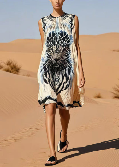 Beige Oversized Tiger Print Cotton Day Dress Sleeveless
