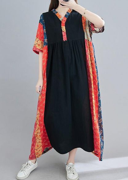 Diy Red Print Tunic V Neck Patchwork Spring Dresses