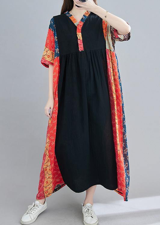 Diy Red Print Tunic V Neck Patchwork Spring Dresses