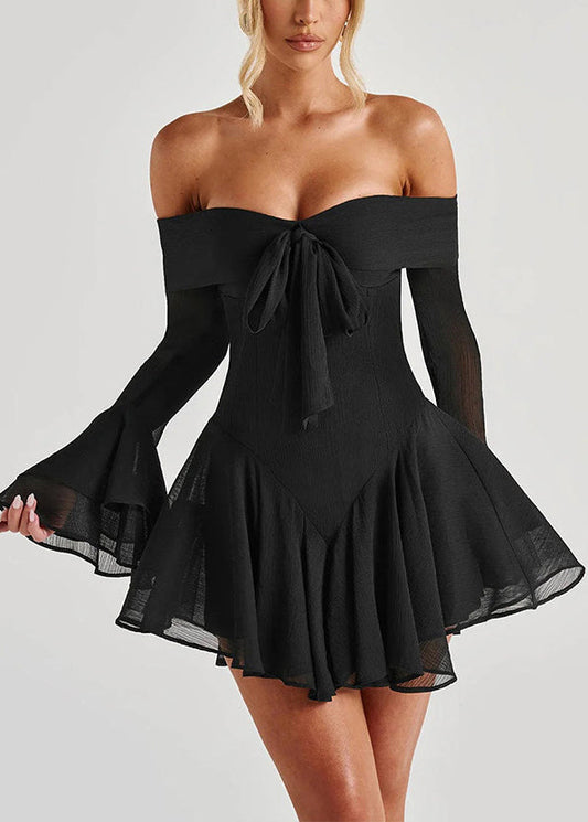 Black Zippered Cotton Mid Dresses Slash Neck Spring