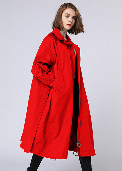 Red Zippered Tie Waist Pockets Fall Long Coat