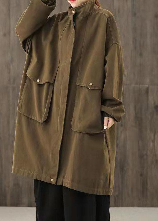 Handmade Coffee Zippered Pockets Patchwork Fall Trench Coats