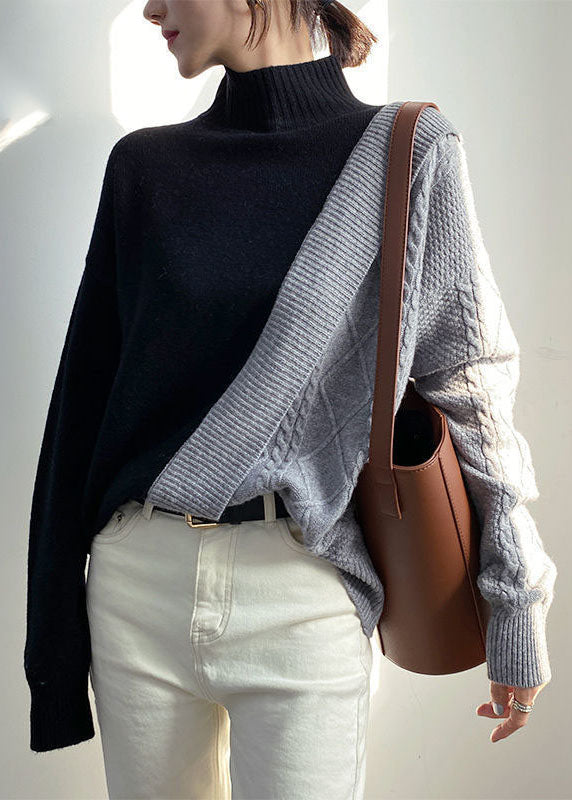 Simple Black Patchwork Grey Fall Sweater