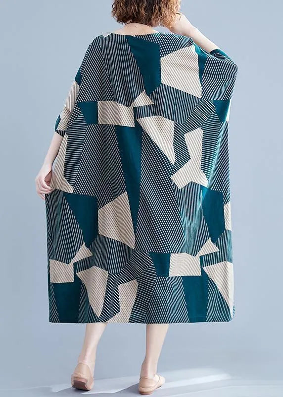 Green Striped Cotton Clothes for O Neck Half Sleeve Clothing Summer Dress