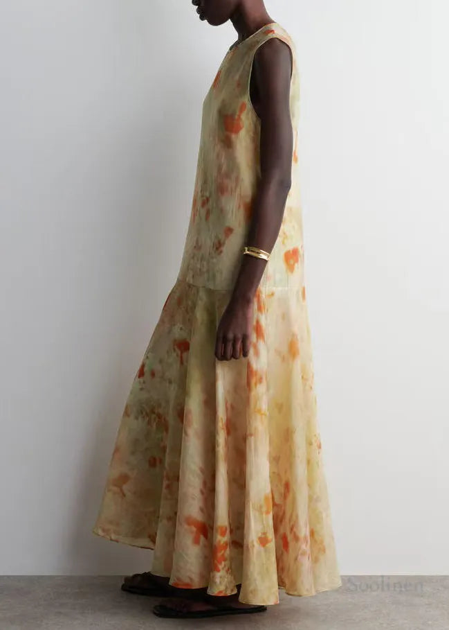 French Beige Tie Dye Chiffon Party Dress Sleeveless