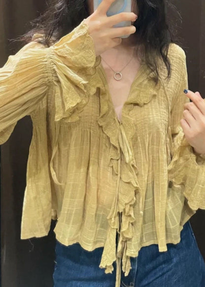 Diy Yellow V Neck Tie Lace Shirt Fall