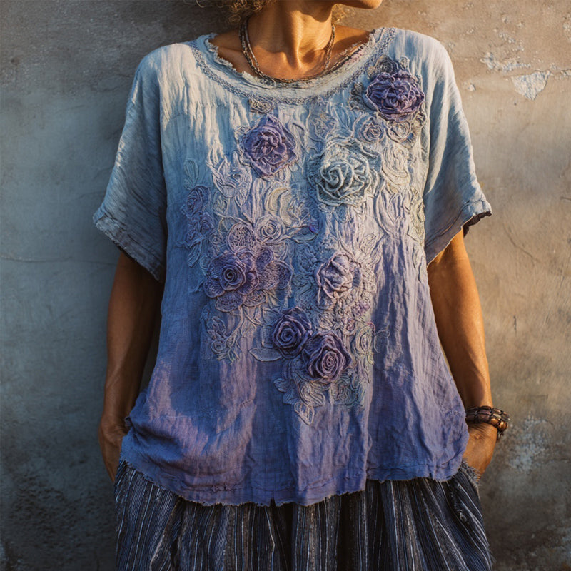 Vintage Boho Purple Roses Embroidered Gradient Linen T Shirt elevenforest