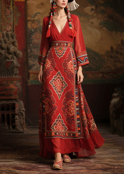 Style Red Print Patchwork Chiffon Long Dress Fall