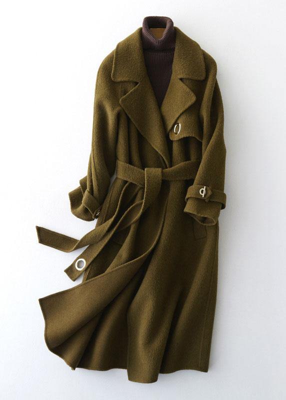 Fine Green Woolen Coats Loose Fitting Long Coats Tie Waist Outwear Lapel Collar