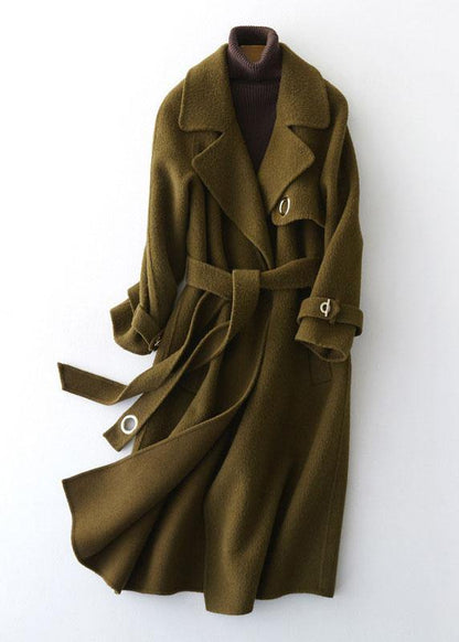 Fine Green Woolen Coats Loose Fitting Long Coats Tie Waist Outwear Lapel Collar