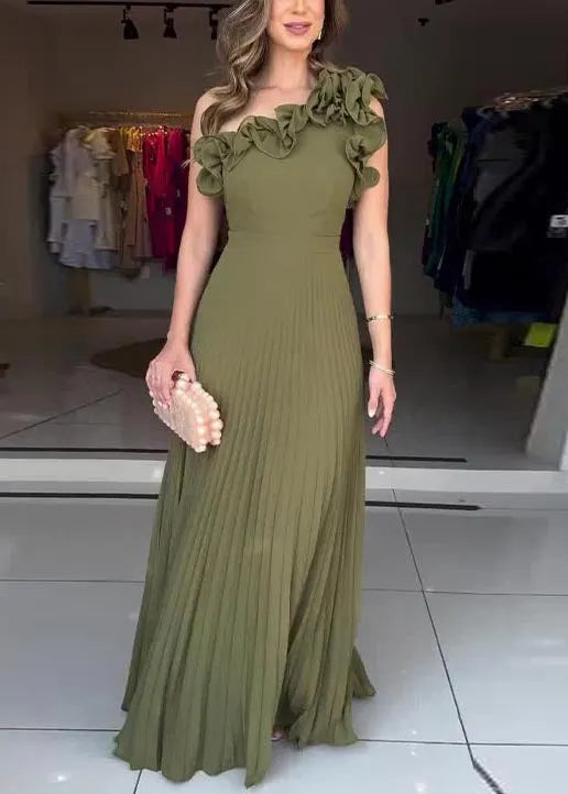 Army Green One Shoulder Pleated Dress Summer